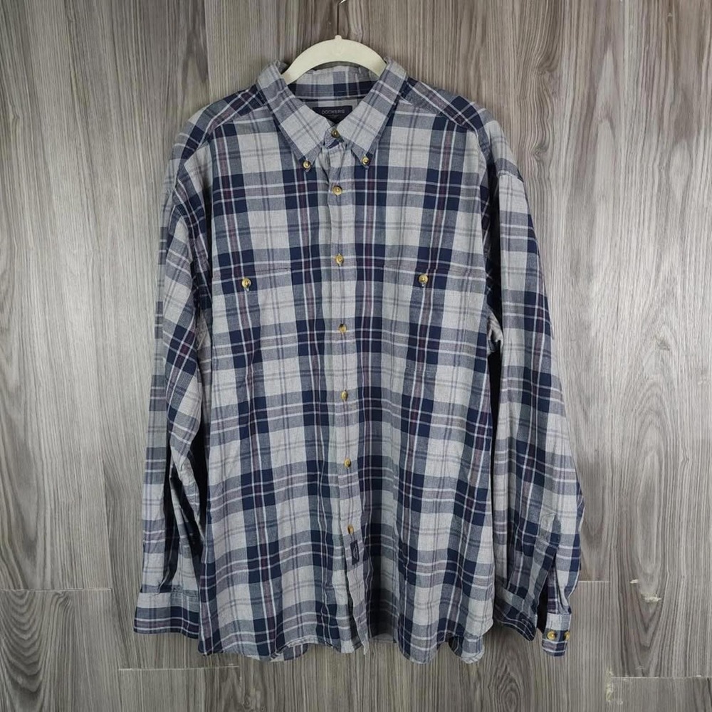 Dockers Mens XL Long Sleeve Plaid Button Down Shirt Grey Navy Blue Cotton